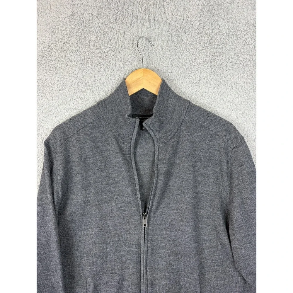 Banana Republic Sweater Mens XL Gray Merino Blend Full Zip Mock Neck Knit Mens